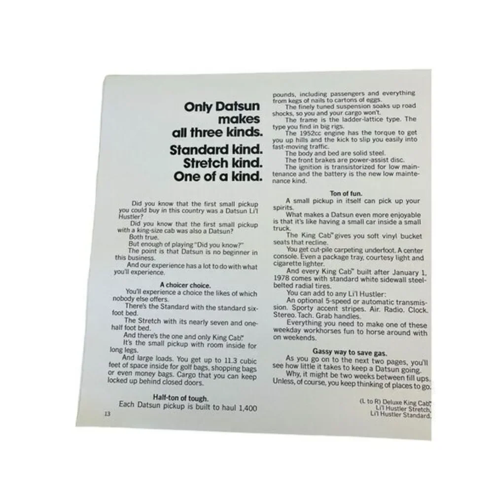 1978 DATSUN DLX‎ COLOR CATALOG Brochure 18 Page 280Z Trucks 510 200SX Nissan